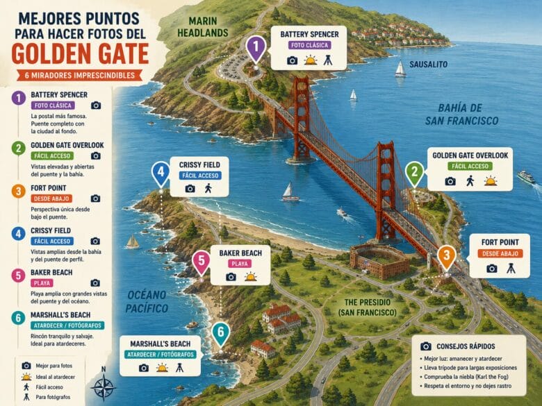 Mapa ilustrado con los mejores puntos para hacer fotos del Golden Gate en San Francisco, incluyendo Battery Spencer, Golden Gate Overlook, Fort Point, Crissy Field, Baker Beach y Marshall's Beach.