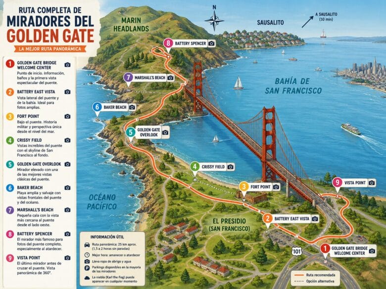 Mapa ilustrado de la ruta completa por los mejores miradores del Golden Gate en San Francisco, incluyendo Battery Spencer, Fort Point, Crissy Field, Baker Beach, Marshall's Beach y Vista Point.