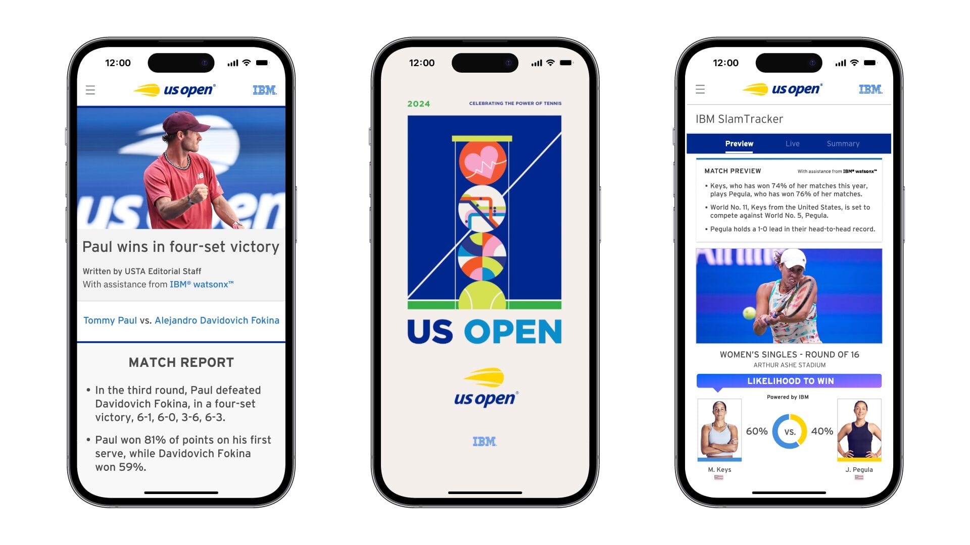interfaz de la aplicación oficial US Open 2024 en smartphone