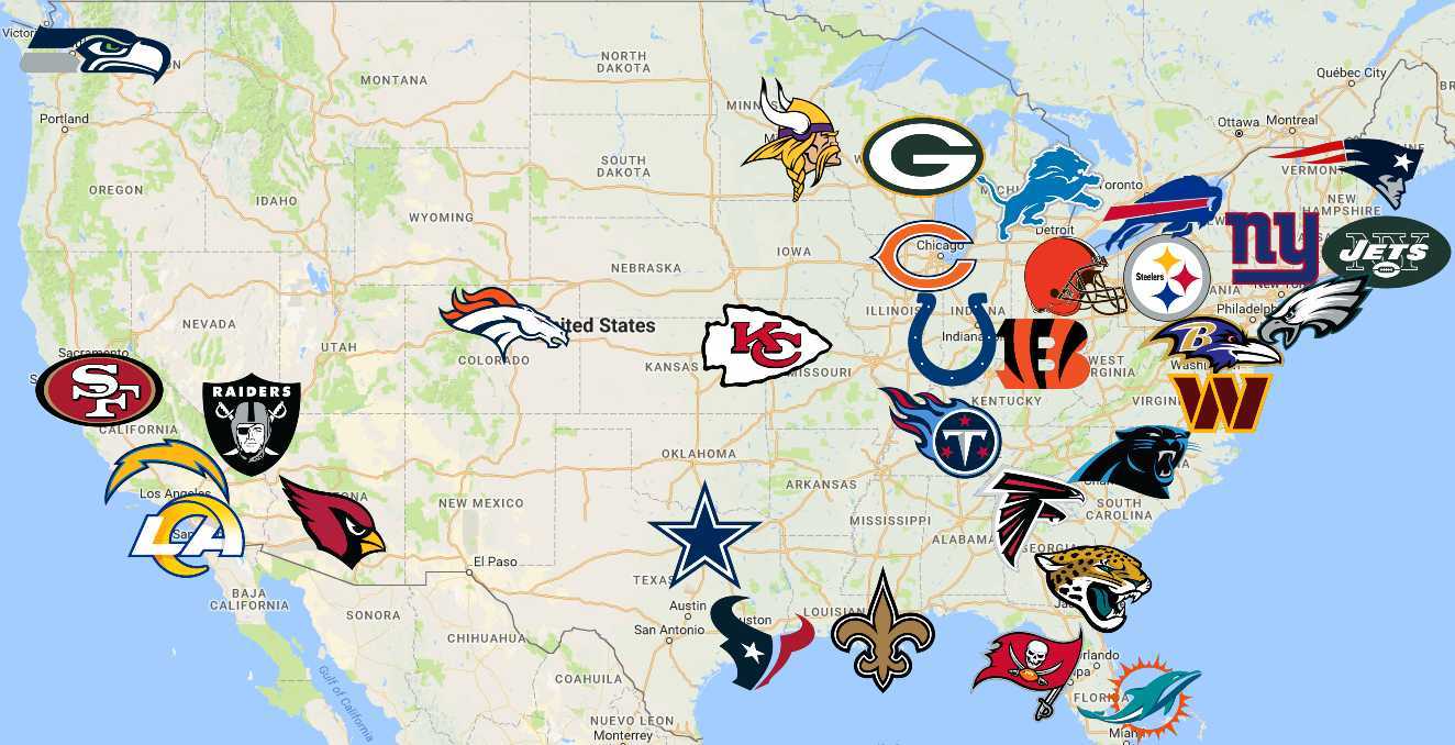 Carte des équipes NFL 2025-2026 aux États-Unis