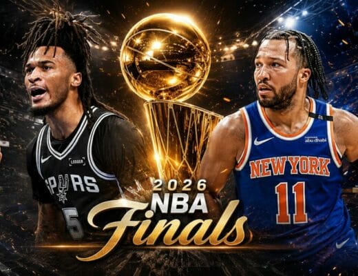 Affiche des Finales NBA 2026 entre les San Antonio Spurs et les New York Knicks avec le trophée Larry O’Brien