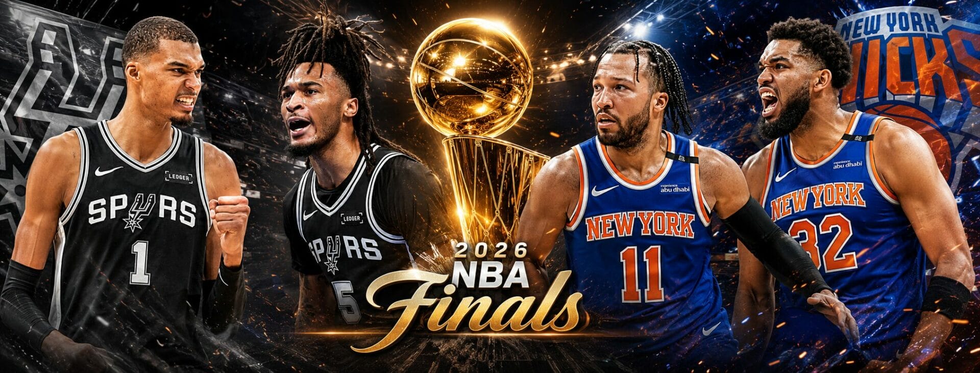 Affiche des Finales NBA 2026 entre les San Antonio Spurs et les New York Knicks avec le troph&eacute;e Larry O&rsquo;Brien