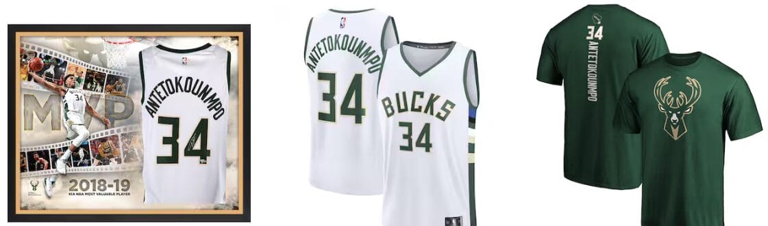Pack Giannis Antetokounmpo: marco MVP 2019, camiseta Association blanca y camiseta Bucks verde