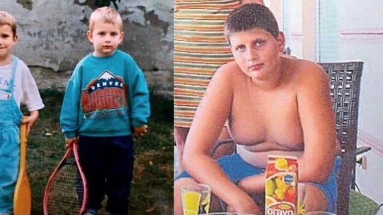 Fotos de la infancia de Nikola Jokić en Serbia: a la izquierda con sudadera de los Nuggets, a la derecha adolescente mofletudo en la mesa