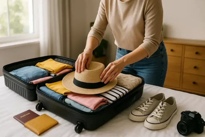 Femme préparant sa valise cabine avec vêtements et accessoires de voyage