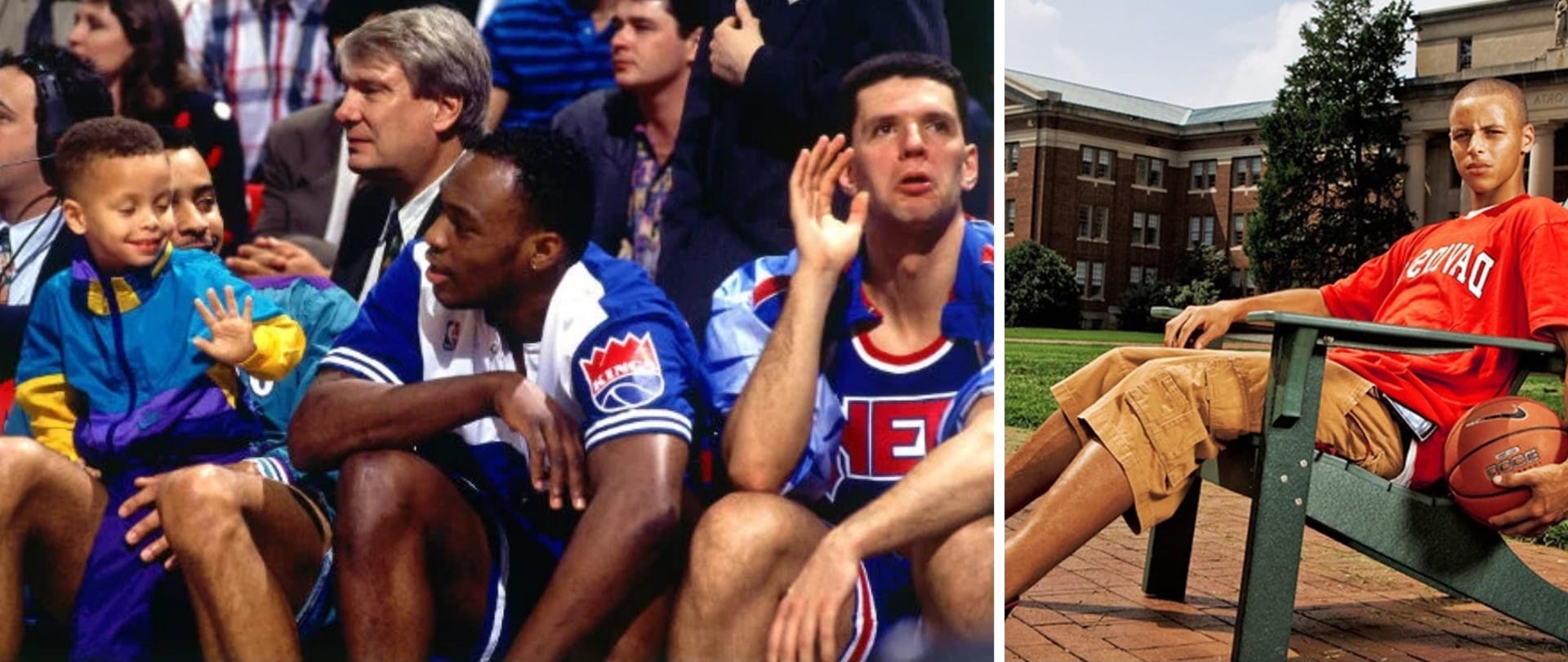 Stephen Curry niño sentado en un banquillo de la NBA junto a jugadores de los Kings, y luego adolescente en el campus de Davidson