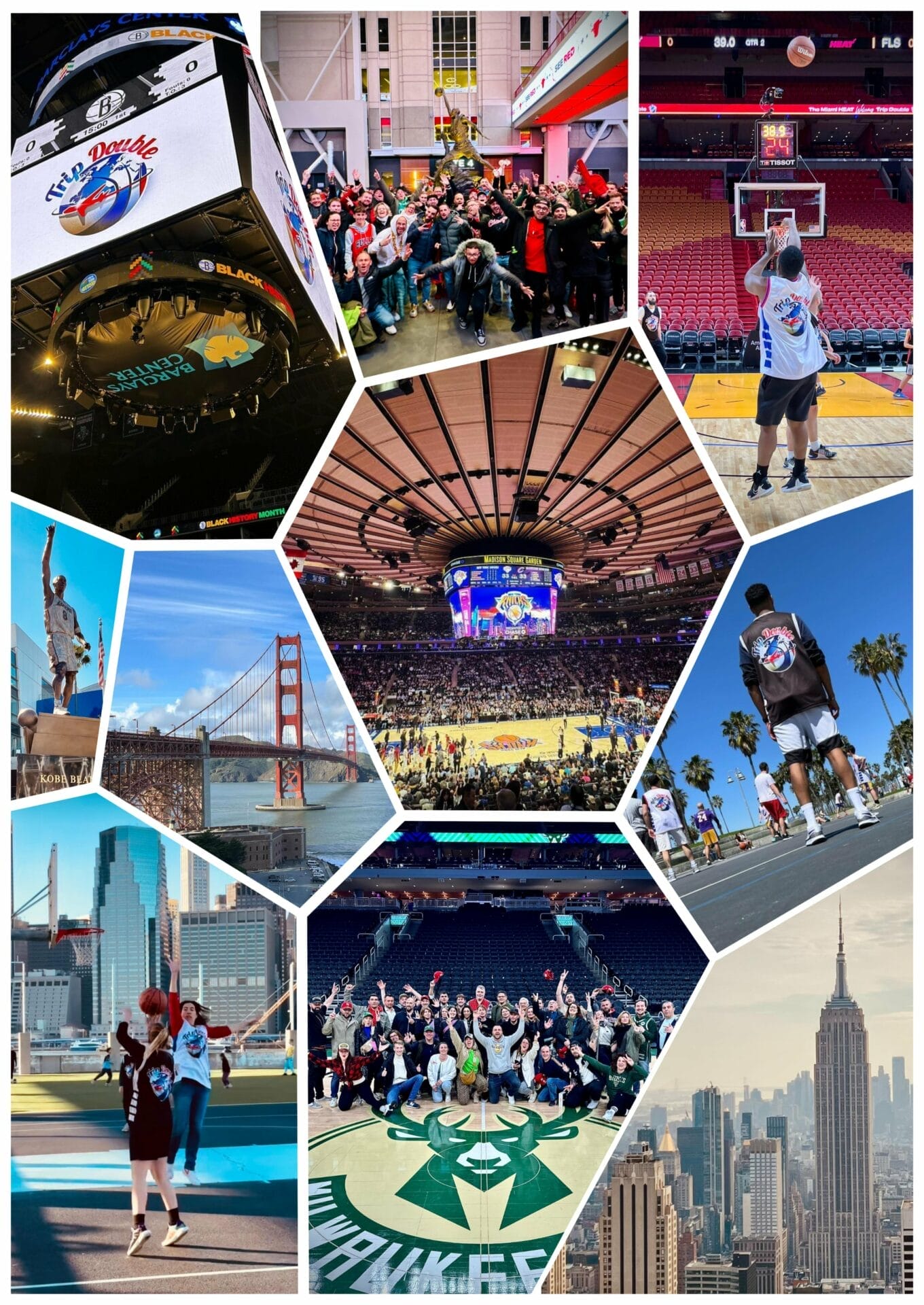 Montage photo illustrant les voyages NBA organisés par Trip Double dans plusieurs villes des États-Unis