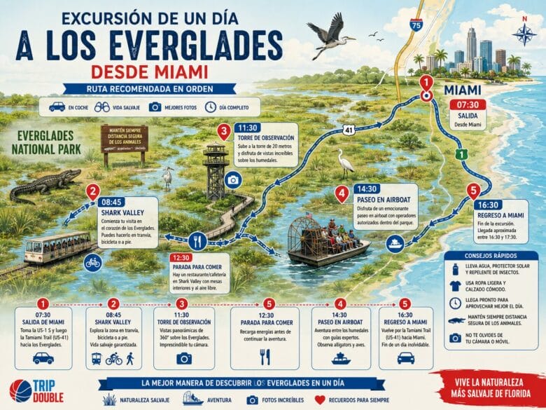 Mapa ilustrado con la ruta recomendada para visitar los Everglades en un d&iacute;a desde Miami, incluyendo Shark Valley, la torre de observaci&oacute;n, una parada para comer y un paseo en airboat.