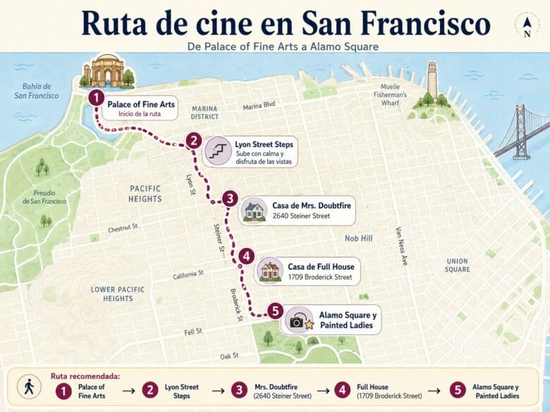 Mapa de una ruta de cine en San Francisco entre Palace of Fine Arts, Lyon Street Steps, la casa de Mrs. Doubtfire, la casa de Full House y Alamo Square.