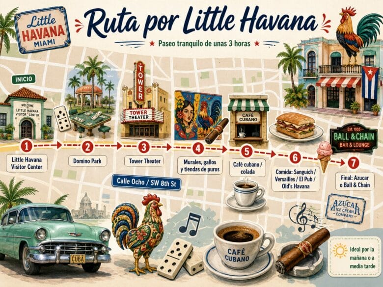 Ruta a pie por Little Havana en Miami con paradas en Calle Ocho, Domino Park, Tower Theater, cafés y restaurantes