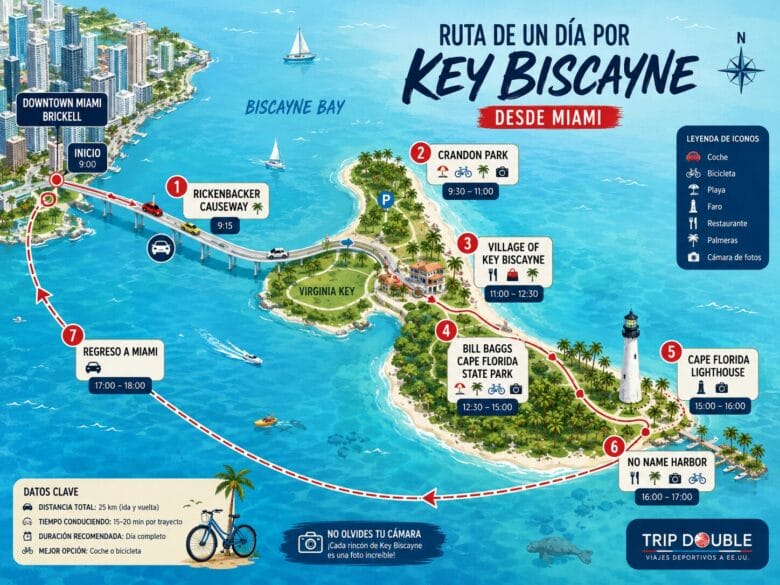 Mapa ilustrado de una excursión de un día por Key Biscayne desde Miami con la ruta por Rickenbacker Causeway, Crandon Park, Bill Baggs, Cape Florida Lighthouse y No Name Harbor.