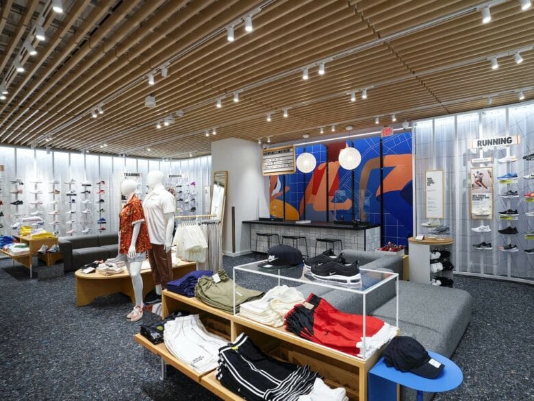 Interior de Nike Brickell Miami con sneakers, ropa deportiva y secciones de running y training.