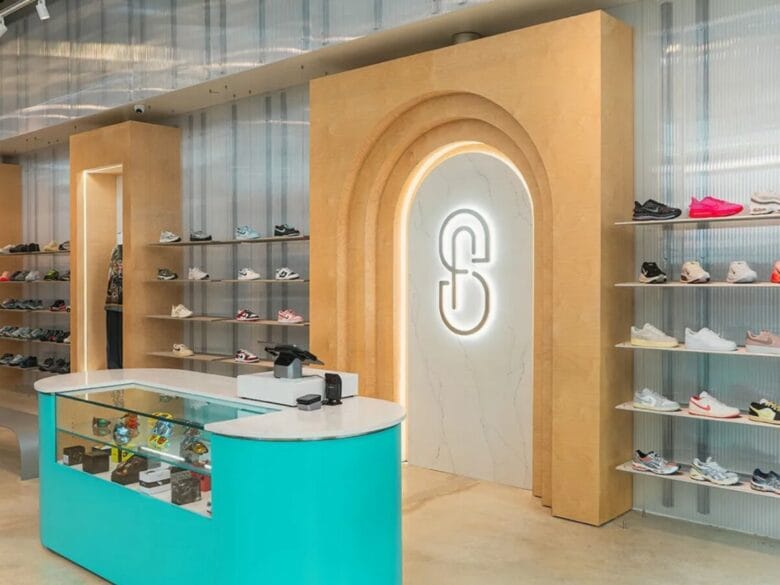 Interior de SoleFly Miami con estanter&iacute;as de sneakers, mostrador y dise&ntilde;o moderno.