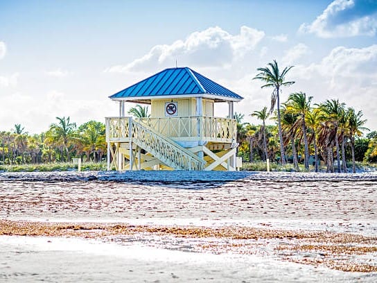 Caseta de socorrista en la playa de Crandon Park, uno de los lugares más populares para disfrutar de una excursión a Key Biscayne desde Miami.