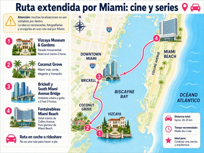 Mapa de la ruta extendida por Miami para visitar Vizcaya, Coconut Grove, Brickell y Fontainebleau Miami Beach.