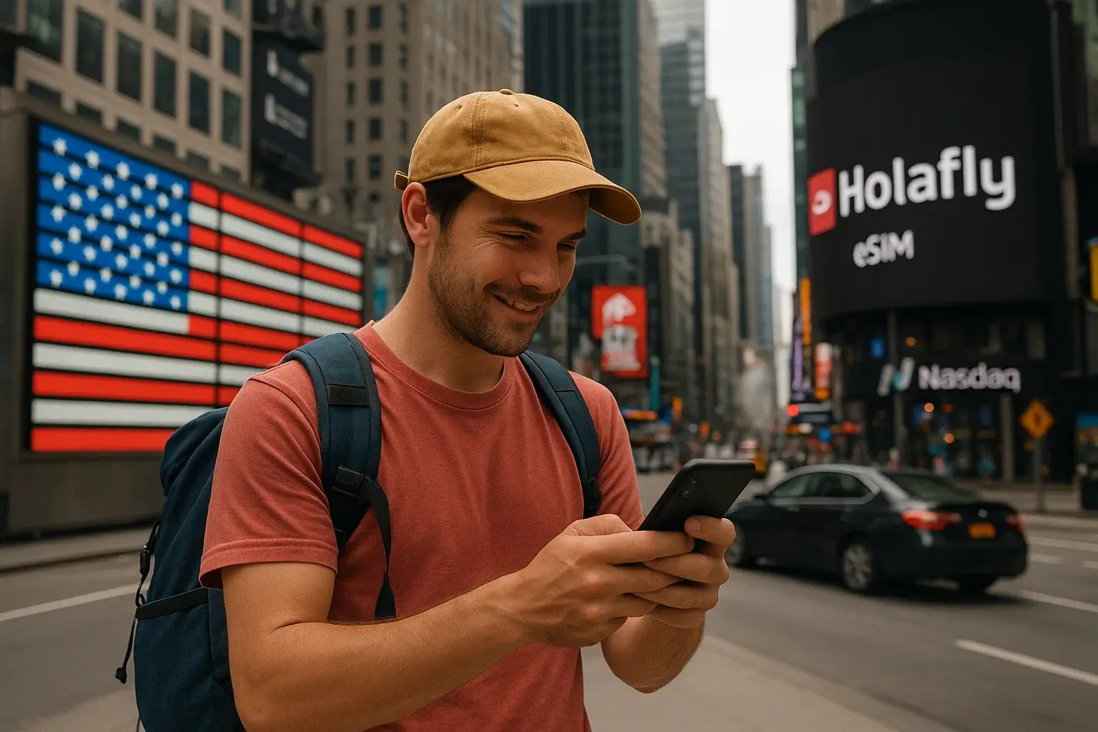 Voyageur utilisant une eSIM Holafly dans une ville aux États-Unis