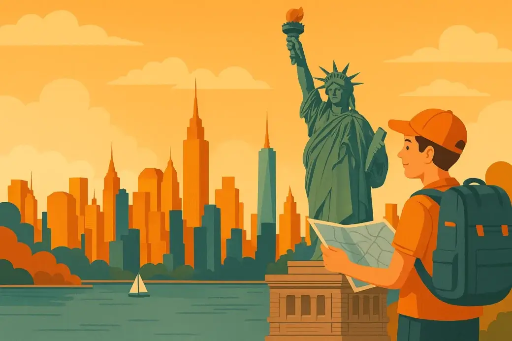 Voyageur avec carte devant la Statue de la Liberté et les gratte-ciel de New York