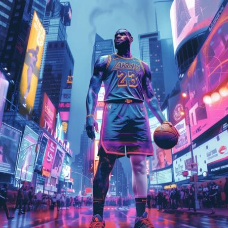 LeBron James &agrave; Times Square &agrave; New York avec son maillot des Lakers et un ballon de basket
