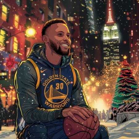 Stephen Curry &agrave; New York pour No&euml;l avec son maillot des Warriors et un ballon de basket devant l&rsquo;Empire State Building