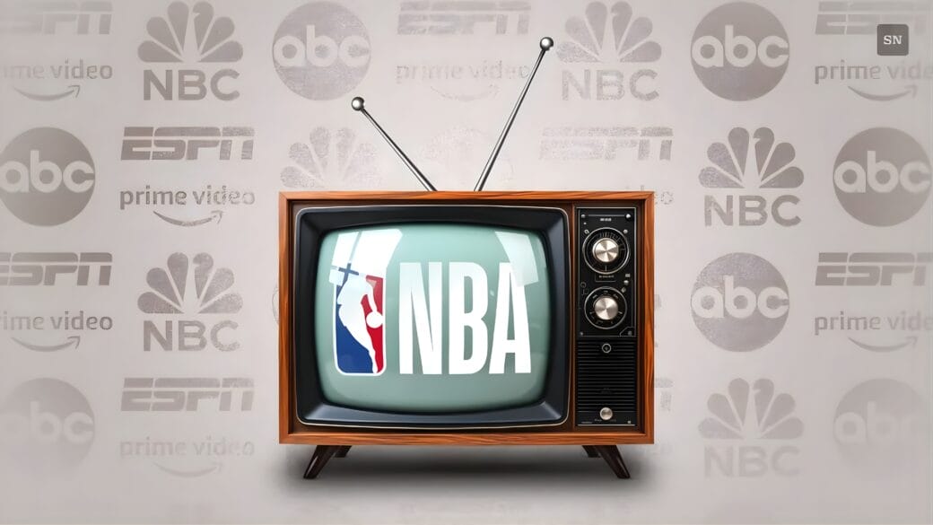 Match NBA ce soir : télé vintage avec logo NBA et logos diffuseurs (Prime Video, ESPN, ABC, NBC).