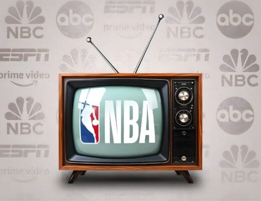 Match NBA ce soir : t&eacute;l&eacute; vintage avec logo NBA et logos diffuseurs (Prime Video, ESPN, ABC, NBC).