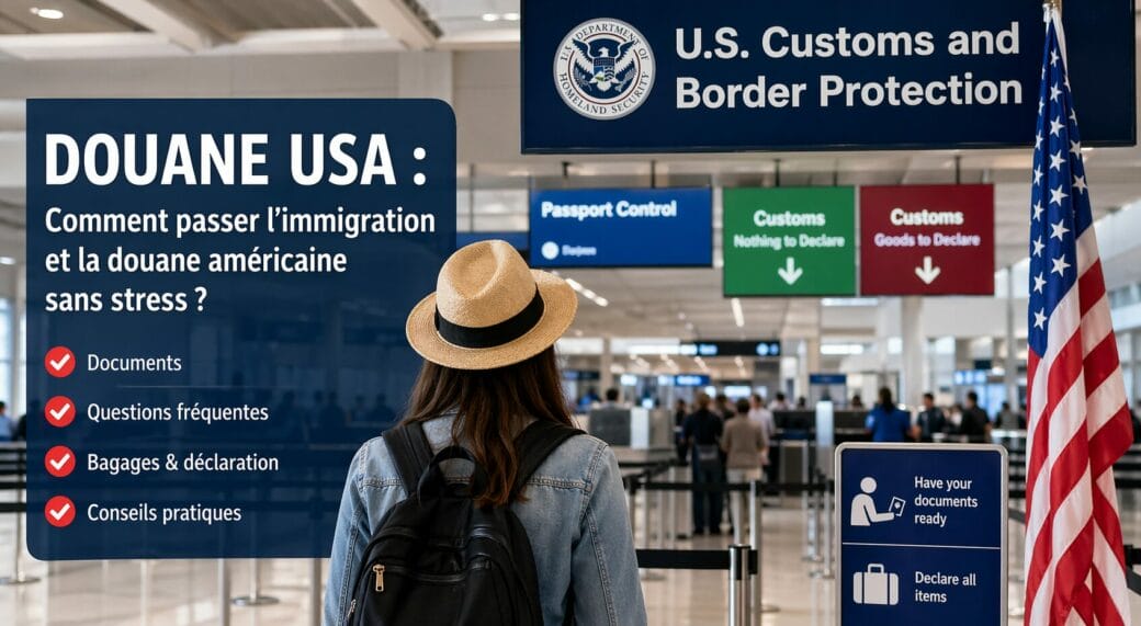 Passage de la douane USA dans un aéroport américain avec zone immigration et contrôle des voyageurs